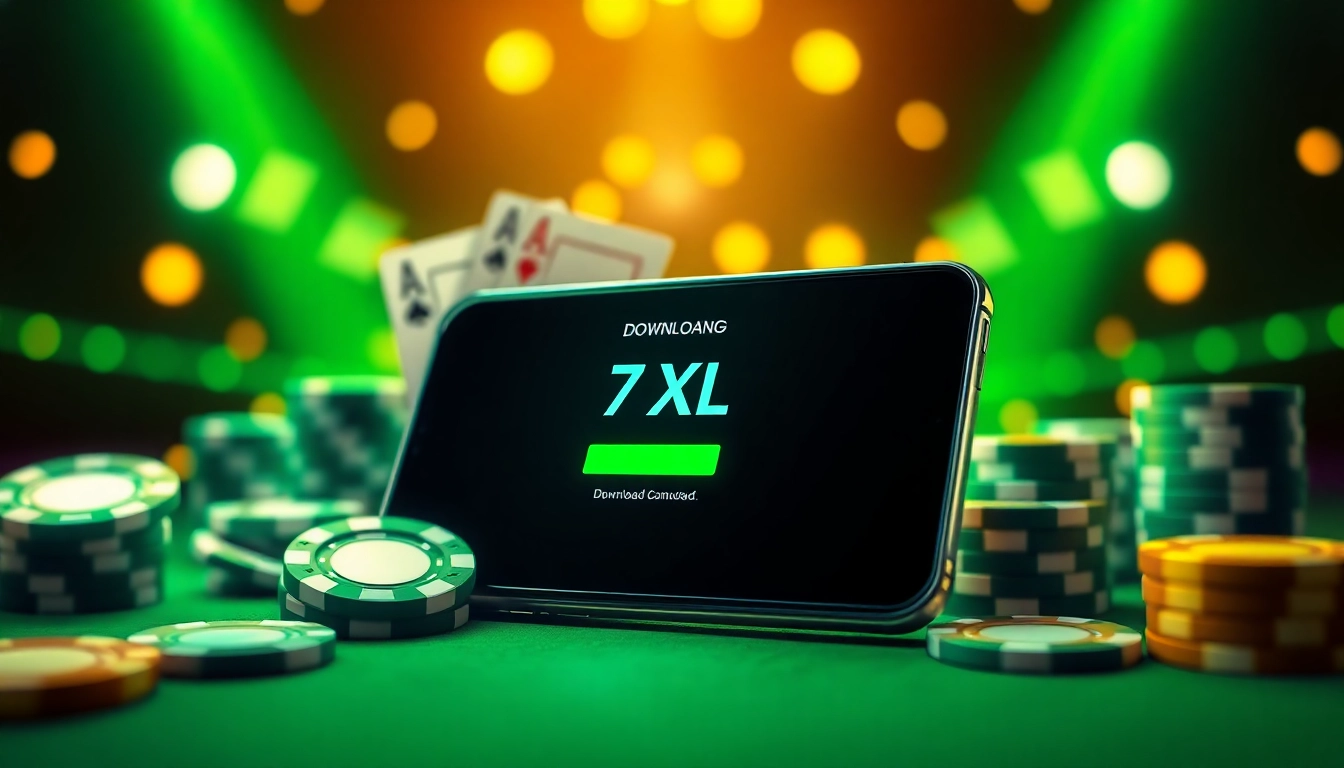 ממשק הורדת 7XL המציג את תהליך הורדת האפליקציה עם אלמנטים של פוקר.