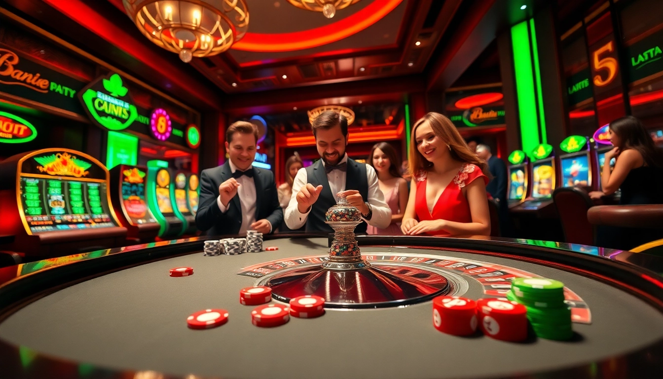 Vibrant casino scene depicting players at betbdt.art engaged in roulette and poker for an exciting gambling experience.