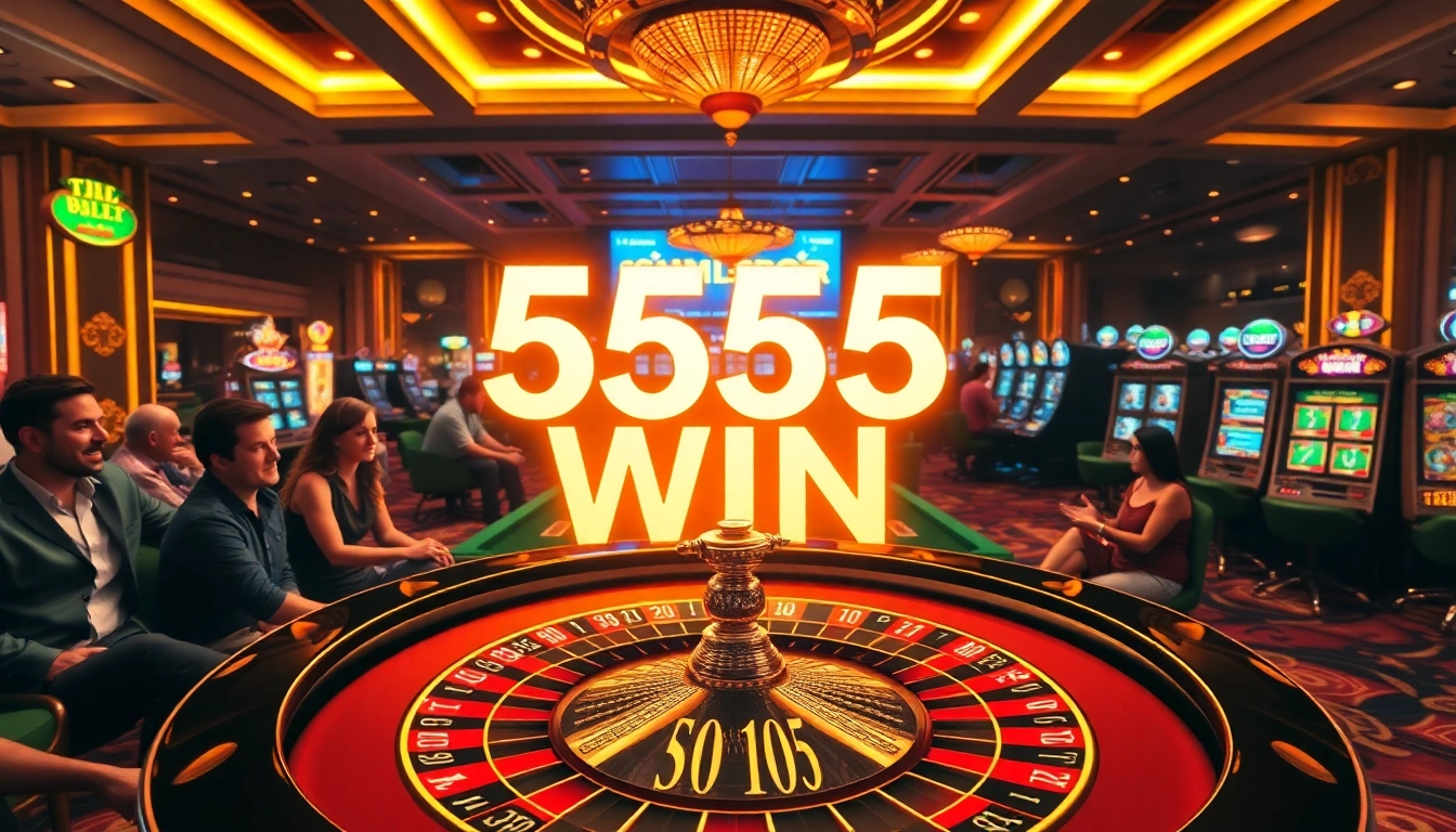 Experience the excitement of 555 win at a luxurious casino with vibrant gaming tables and joyful players.