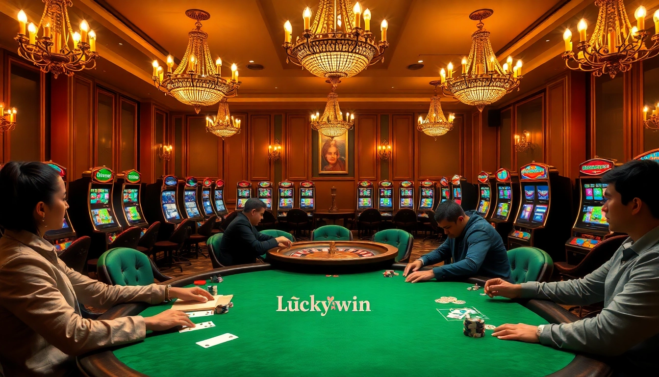 Players enjoying high-stakes poker at a classy casino venue, showcasing Luckywin excitement.