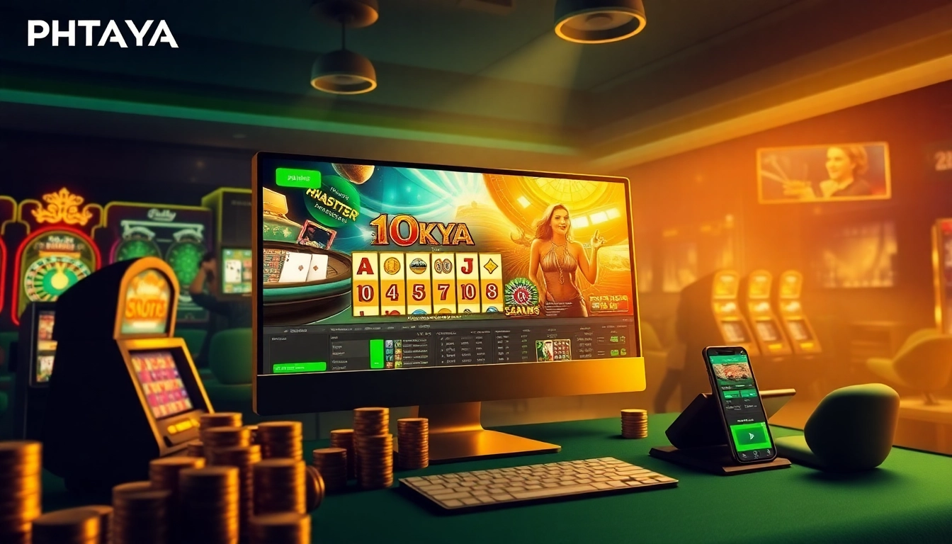 PHTAYA players enjoying a thrilling casino experience with live poker and vibrant slot machines.