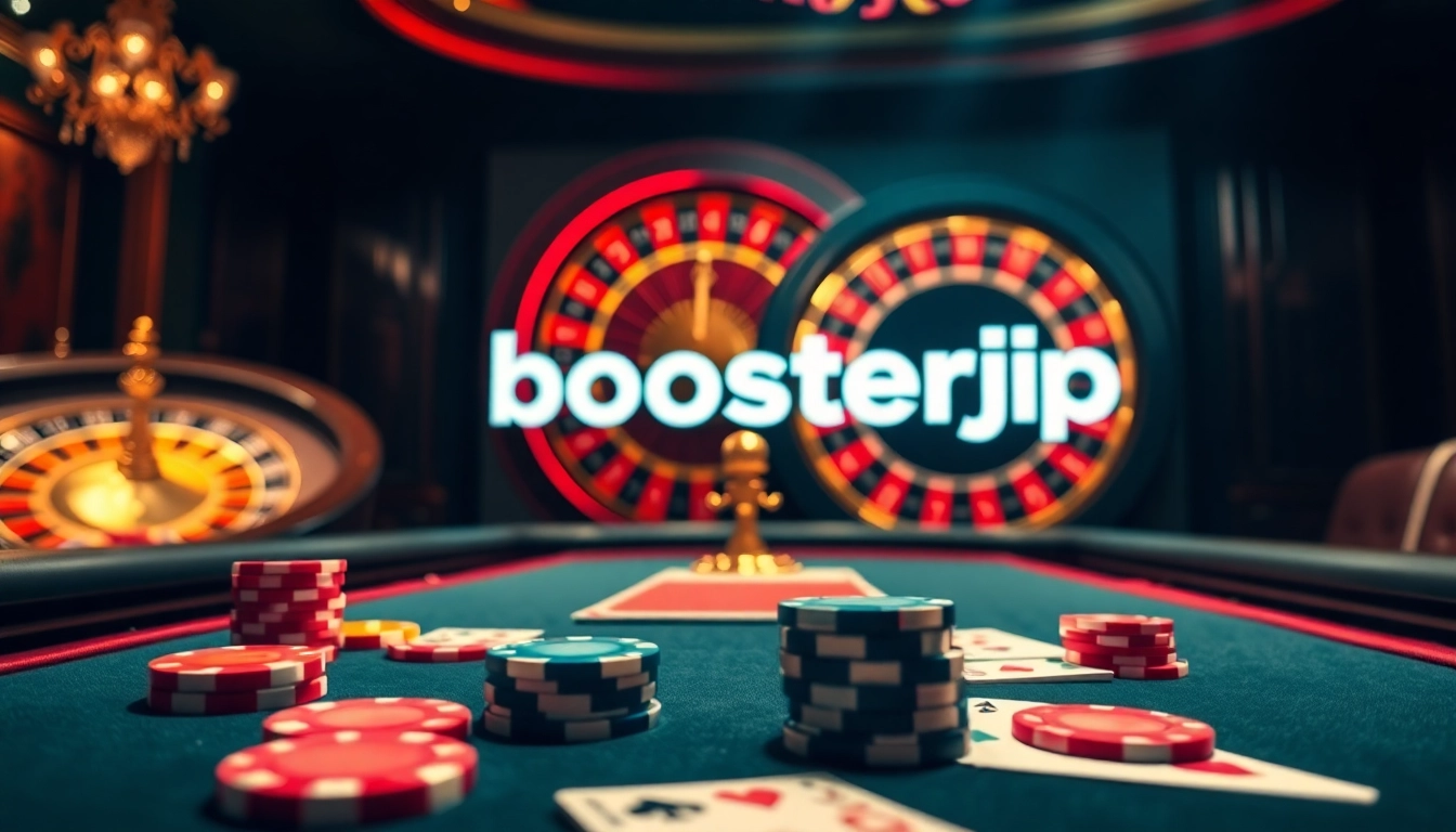 Engage in thrilling gameplay at boosterjp with poker chips, playing cards, and a vibrant roulette wheel.