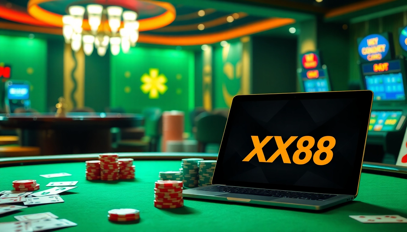 Experience a thrilling moment at XX88 casino with vibrant tables and spinning roulette.