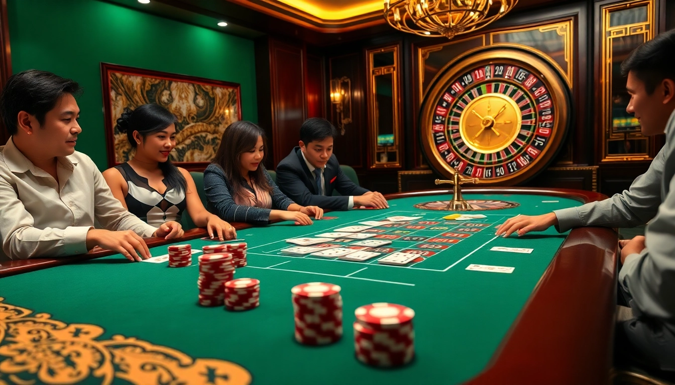 Engage in exciting gambling at https://king333.club/ with a luxurious casino setting filled with vibrant poker chips and cards.