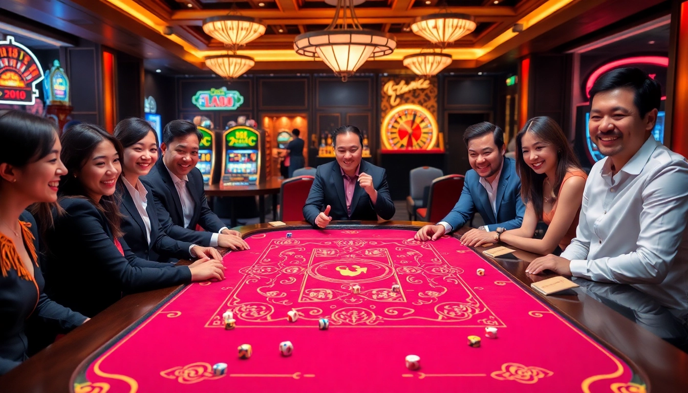 Players engaging in an exciting game of Tài Xỉu surrounded by colorful casino elements.