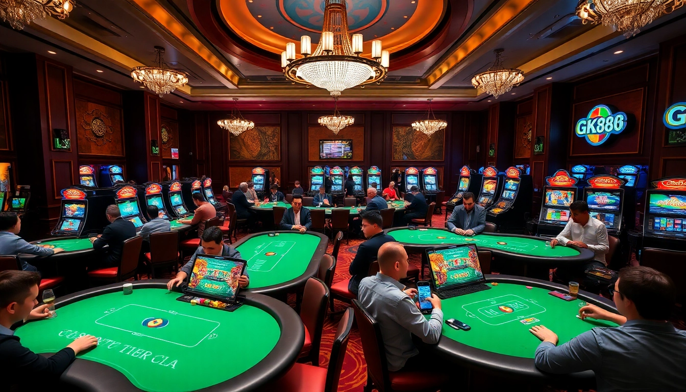 GK88 casino players enjoying poker at luxurious tables with vibrant décor.