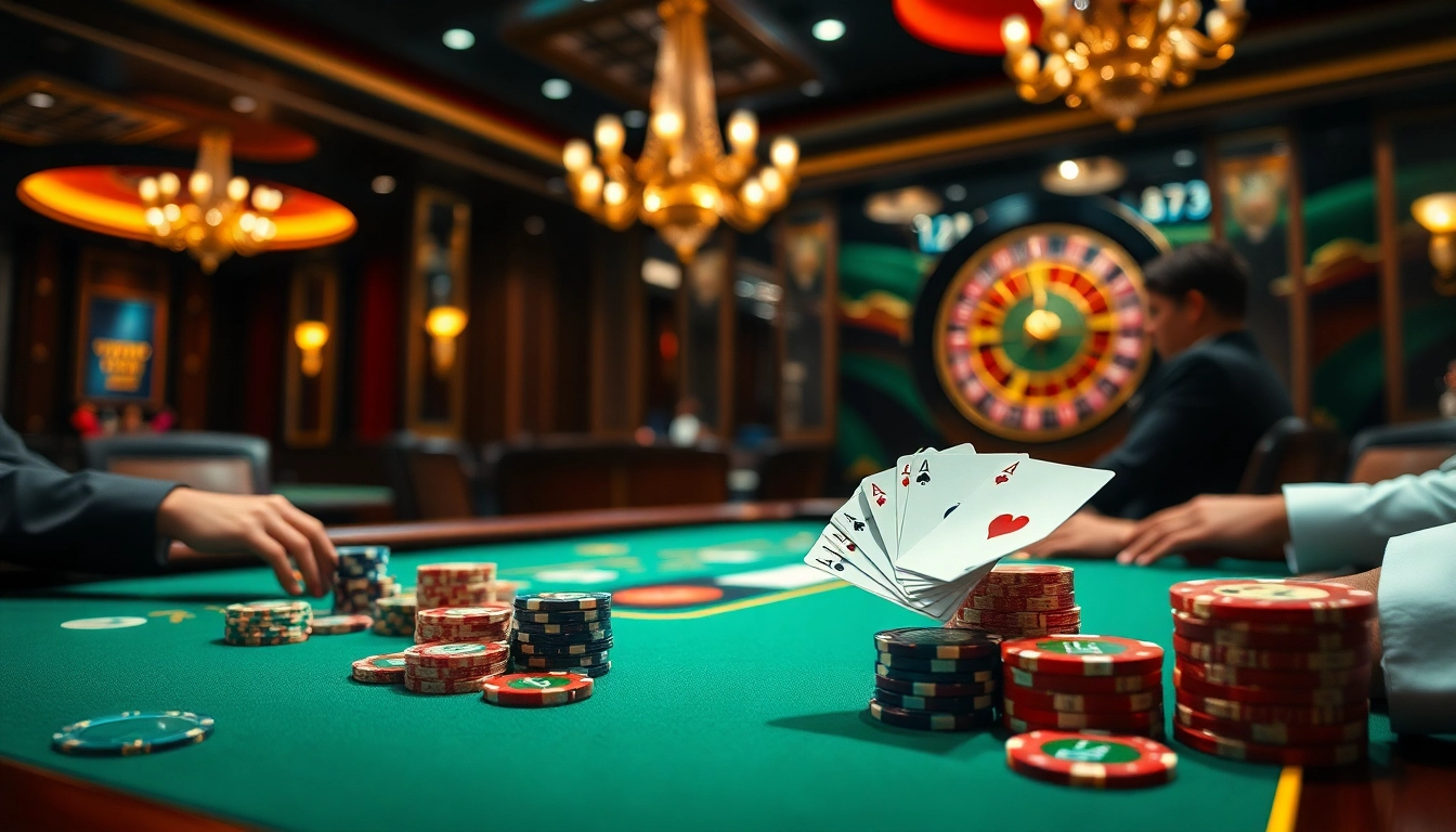 Players actively strategizing at a luxurious lay88 poker table, filled with vibrant chips and cards.