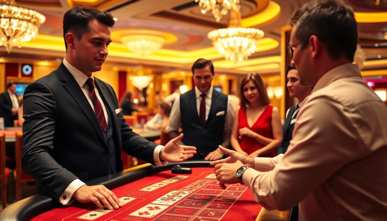 에볼루션 바카라를 즐기는 플레이어와 딜러가 있는 카지노 분위기