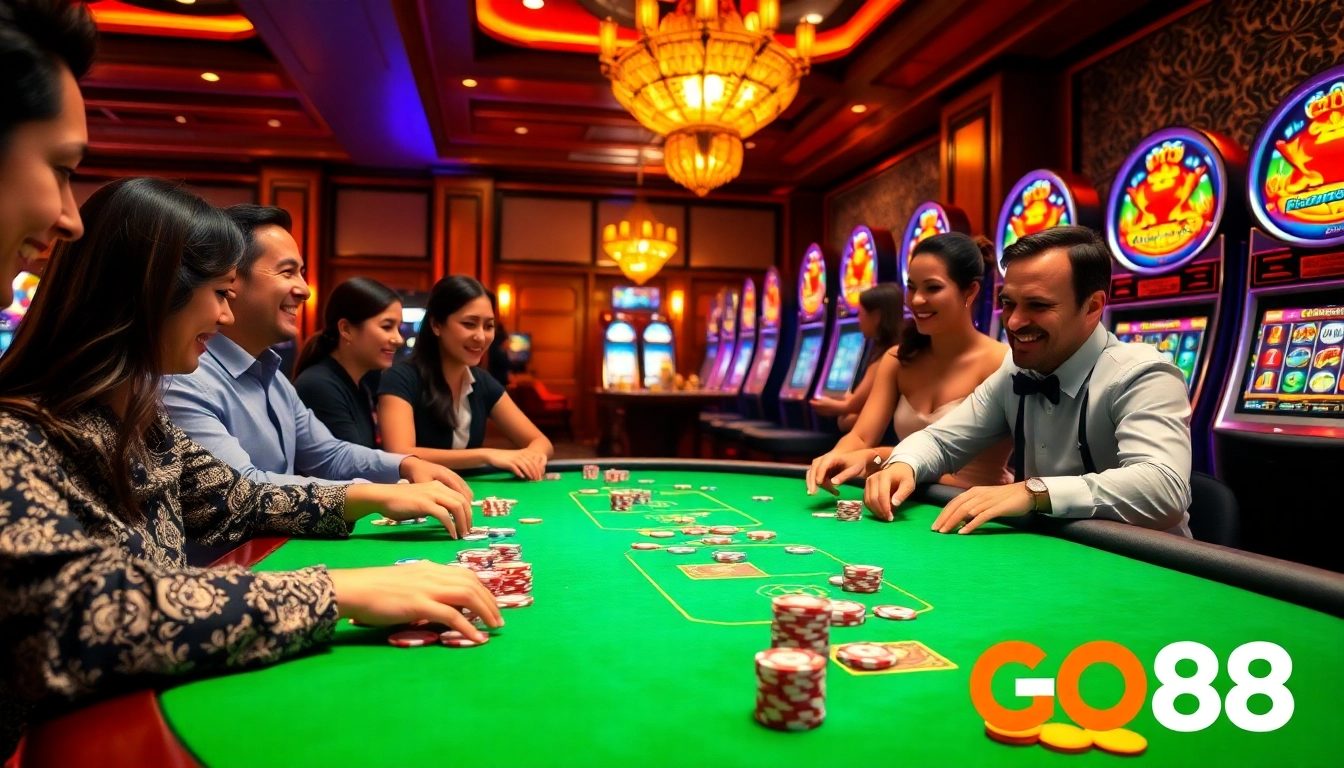 Experience the thrill of gambling at GO88 with vibrant poker action and colorful chips.