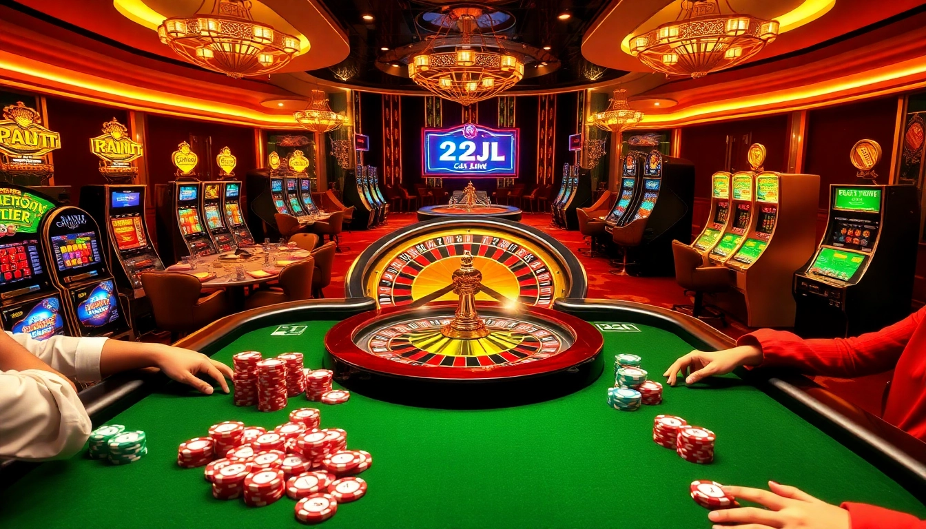 Experience excitement at 22JL with vibrant casino games featuring poker chips and roulette.