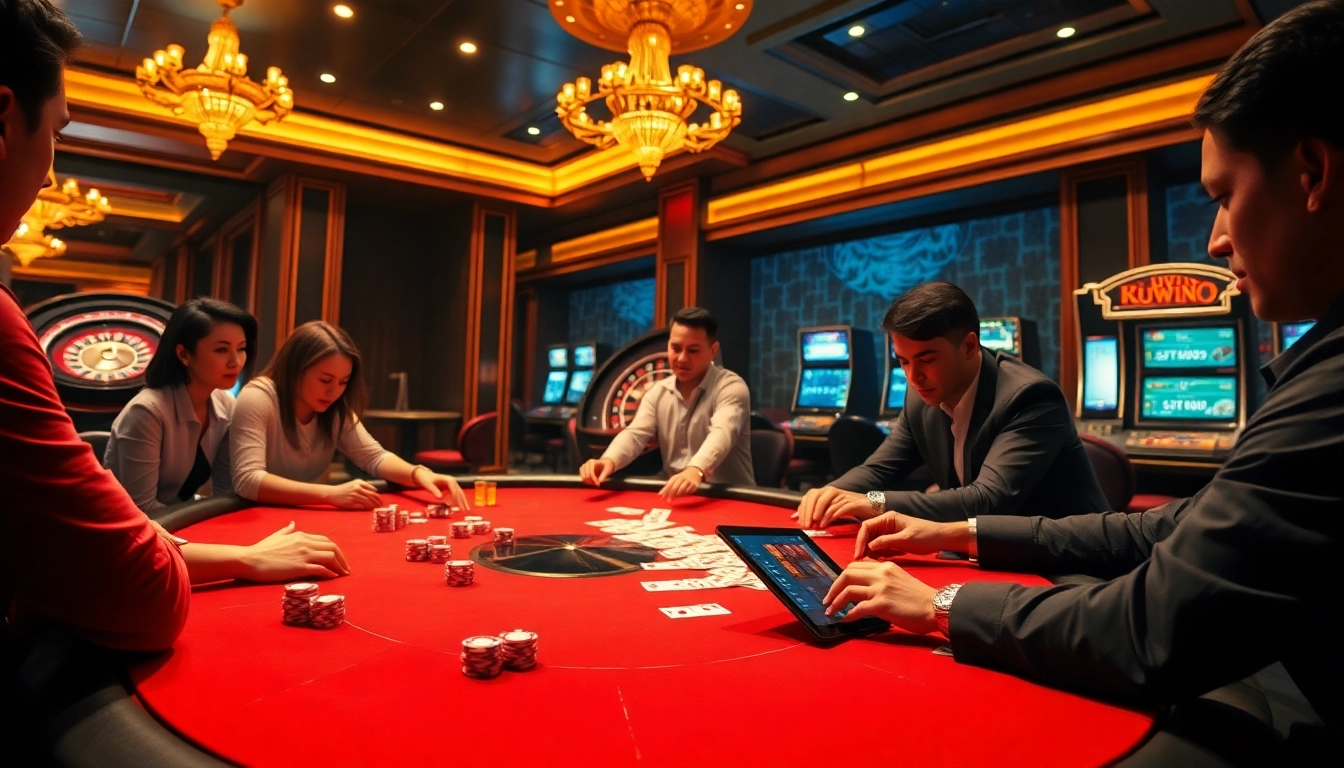 Experience the thrill of kuwin gaming with an exciting poker table scene featuring players and a roulette wheel.
