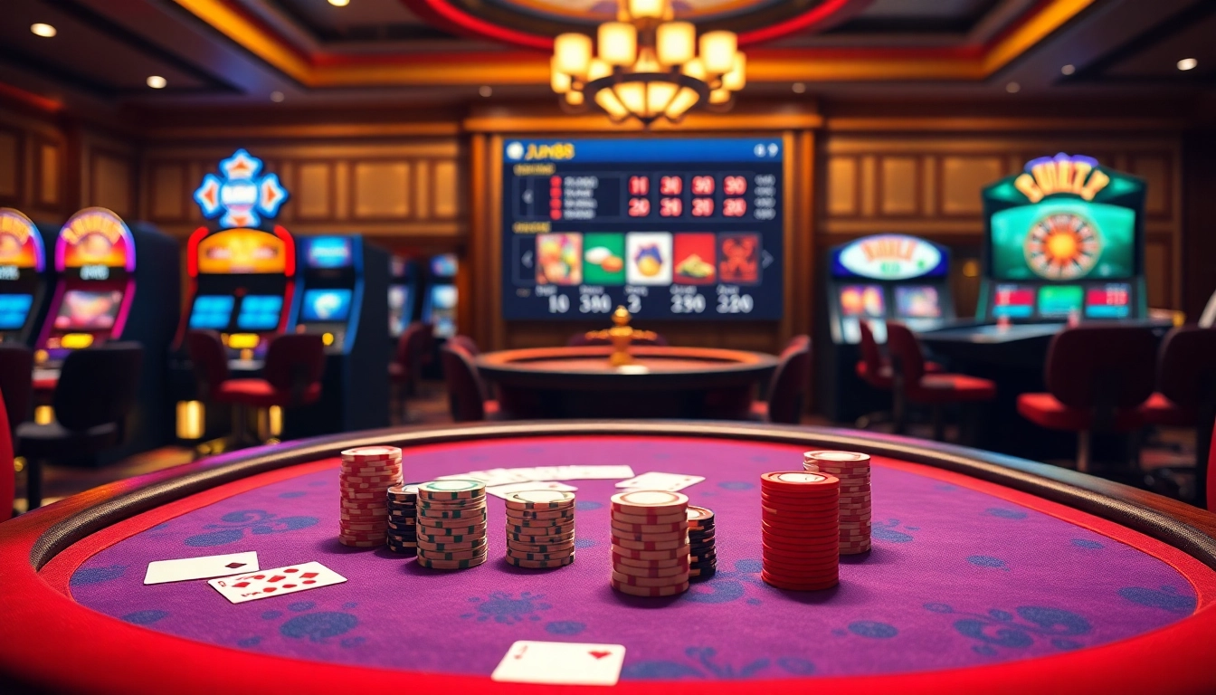 Engaging casino scene showcasing Jun88 phiên bản 1 with poker chips and cards.