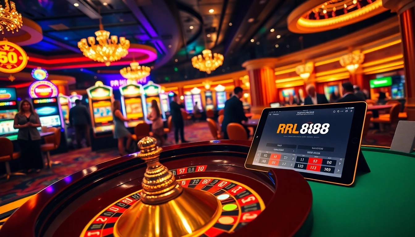 Experience the excitement of RR88 at a vibrant casino scene featuring roulette and slot machines.