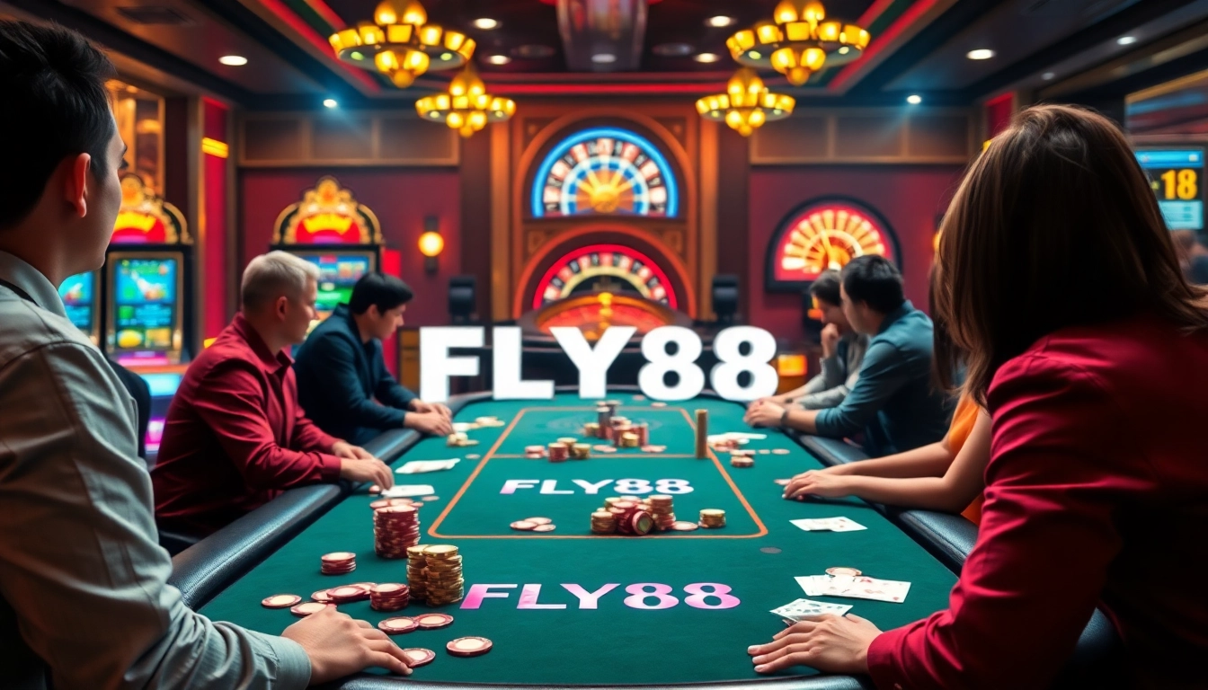 FLY88-themed poker table with colorful chips and intense players in a vibrant casino.