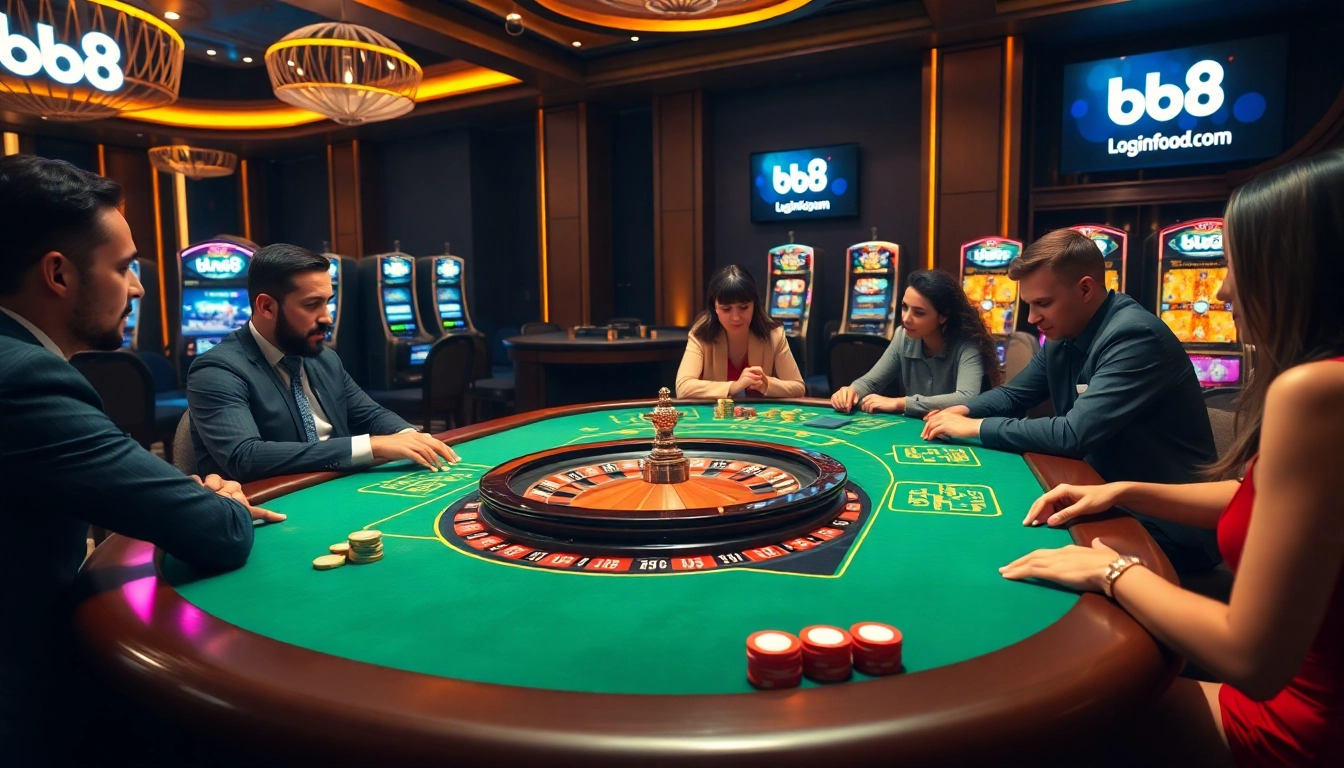 Experience seamless gaming with bk8 login at a luxurious casino table featuring vibrant slot machines.