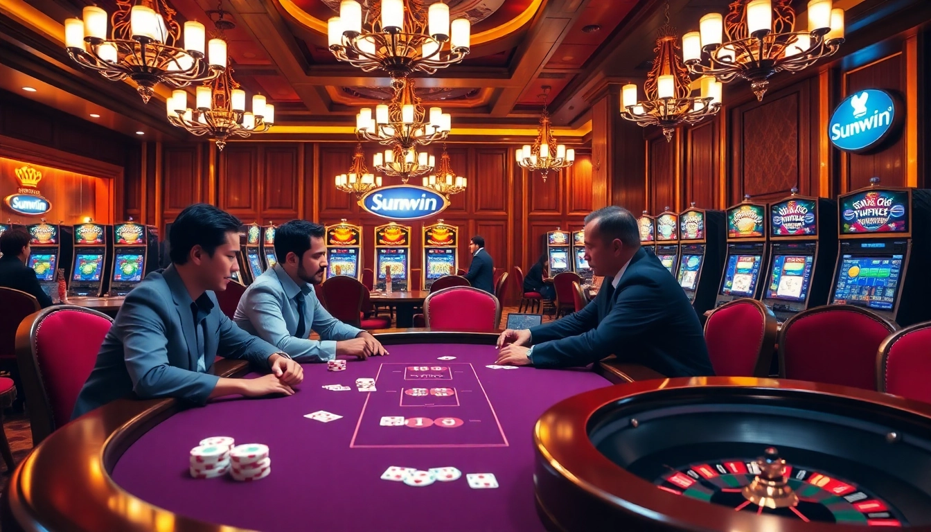 Sunwin casino ambiance showcasing a thrilling poker game with vibrant slot machines and elegant decor.