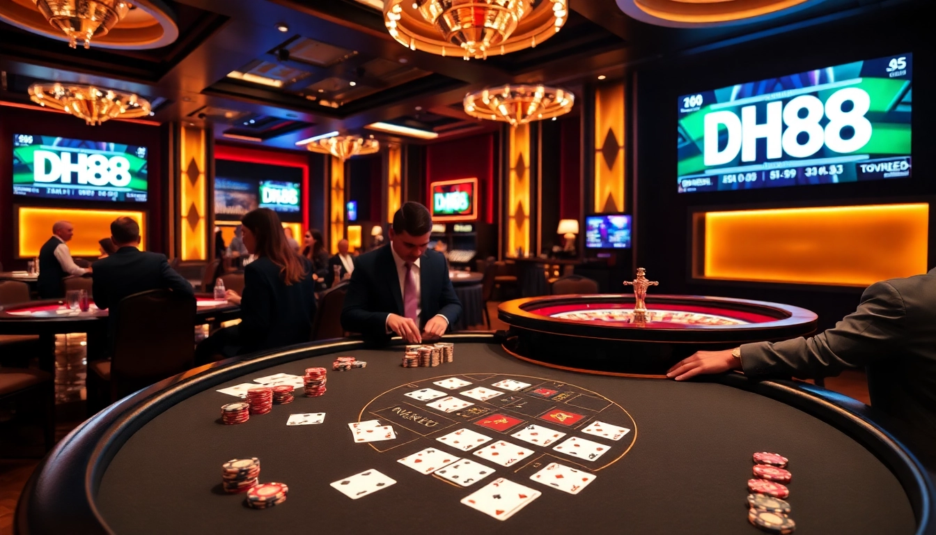 Players enjoying a professional DH88 casino experience with poker tables and roulette wheels.