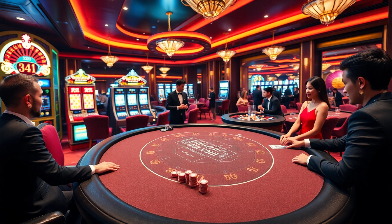 Experience the vibrant bk8thai ทางเข้า with engaging players at a luxurious casino table, showcasing excitement and strategy.