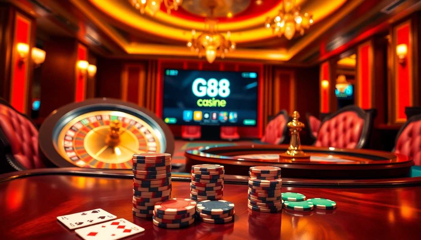 Engage in thrilling gameplay at go 88 com surrounded by poker chips and a roulette table.