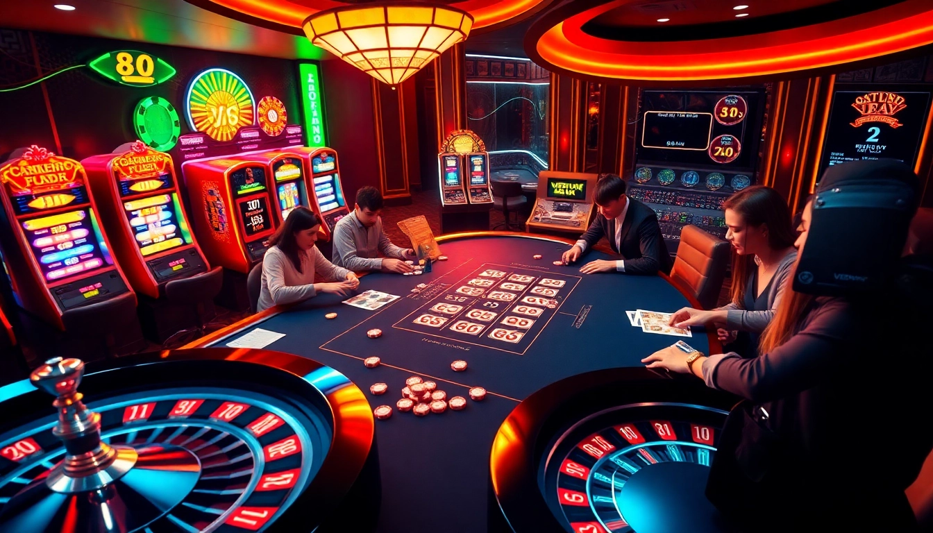 Enjoy thrilling gameplay of the 88i game at a luxurious casino table with vibrant slot machines.