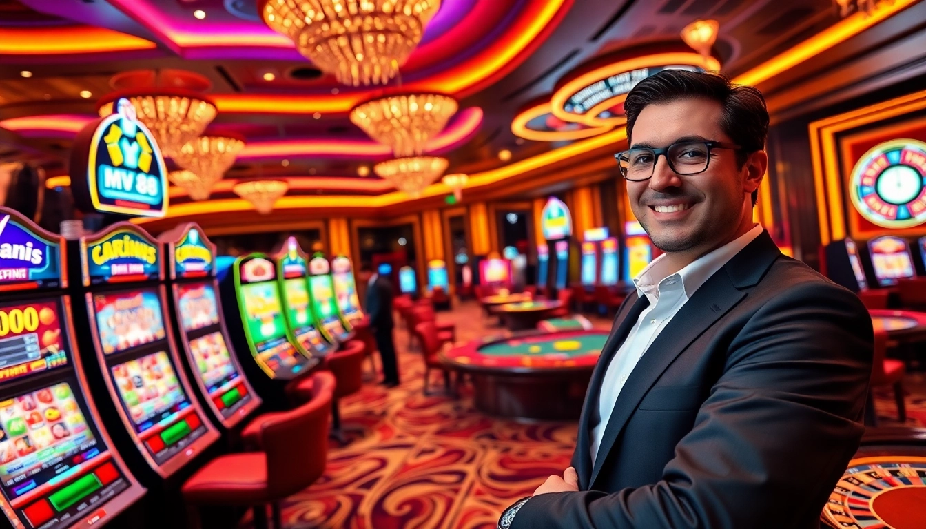 Exciting MV 88 online gaming scene with vibrant slots and professional player engaging in casino action.