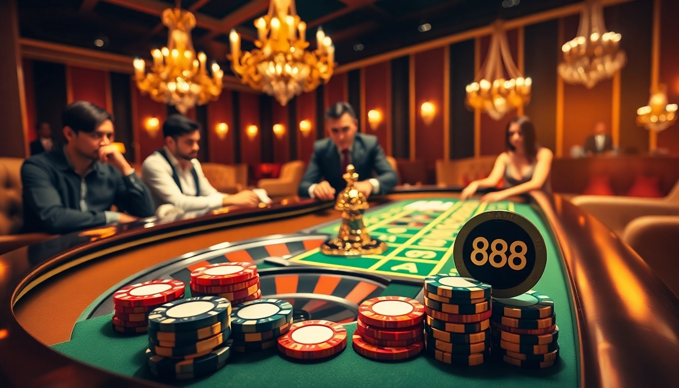 Man88 poker chips and roulette table amidst an elegant casino environment, showcasing high-stakes gambling excitement.