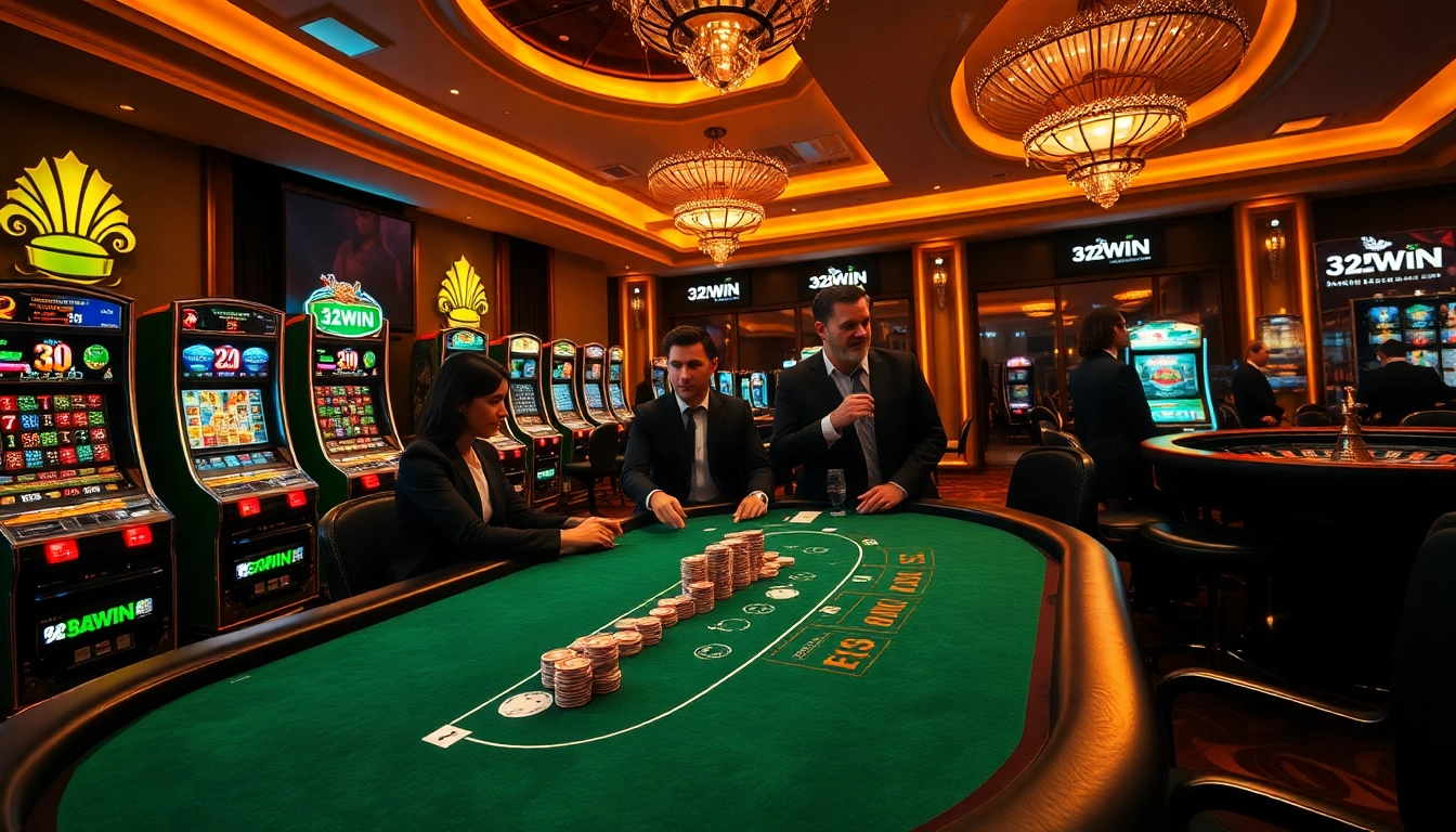 High-stakes poker game at 32WIN casino, featuring vibrant slot machines and rich colors.