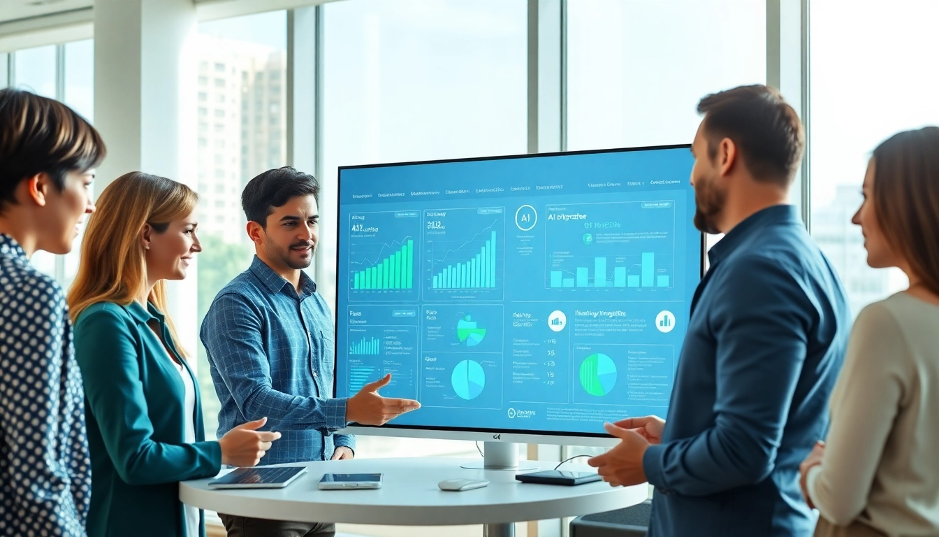 Showcasing a diverse team collaborating as an AI integration service provider in a modern office.