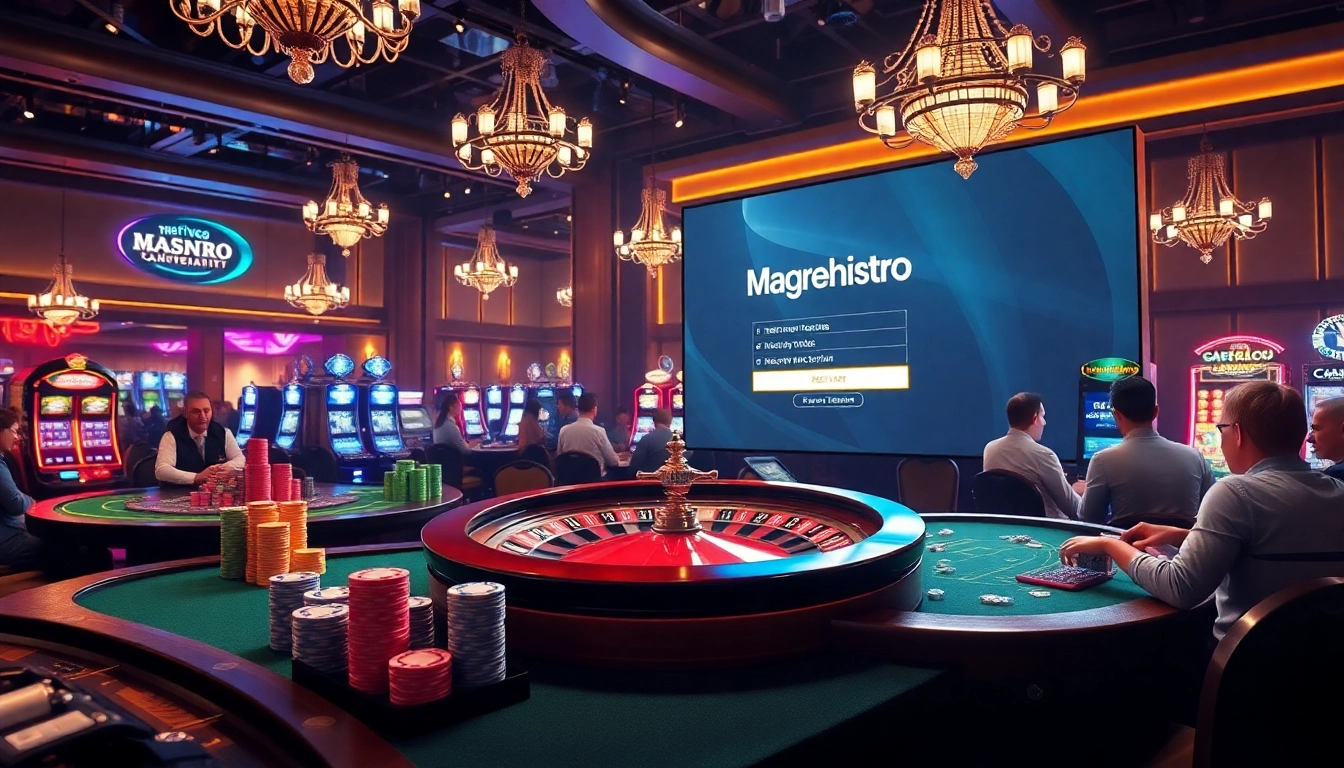 Casino players engaging in games while Magrehistro highlights online registration processes.