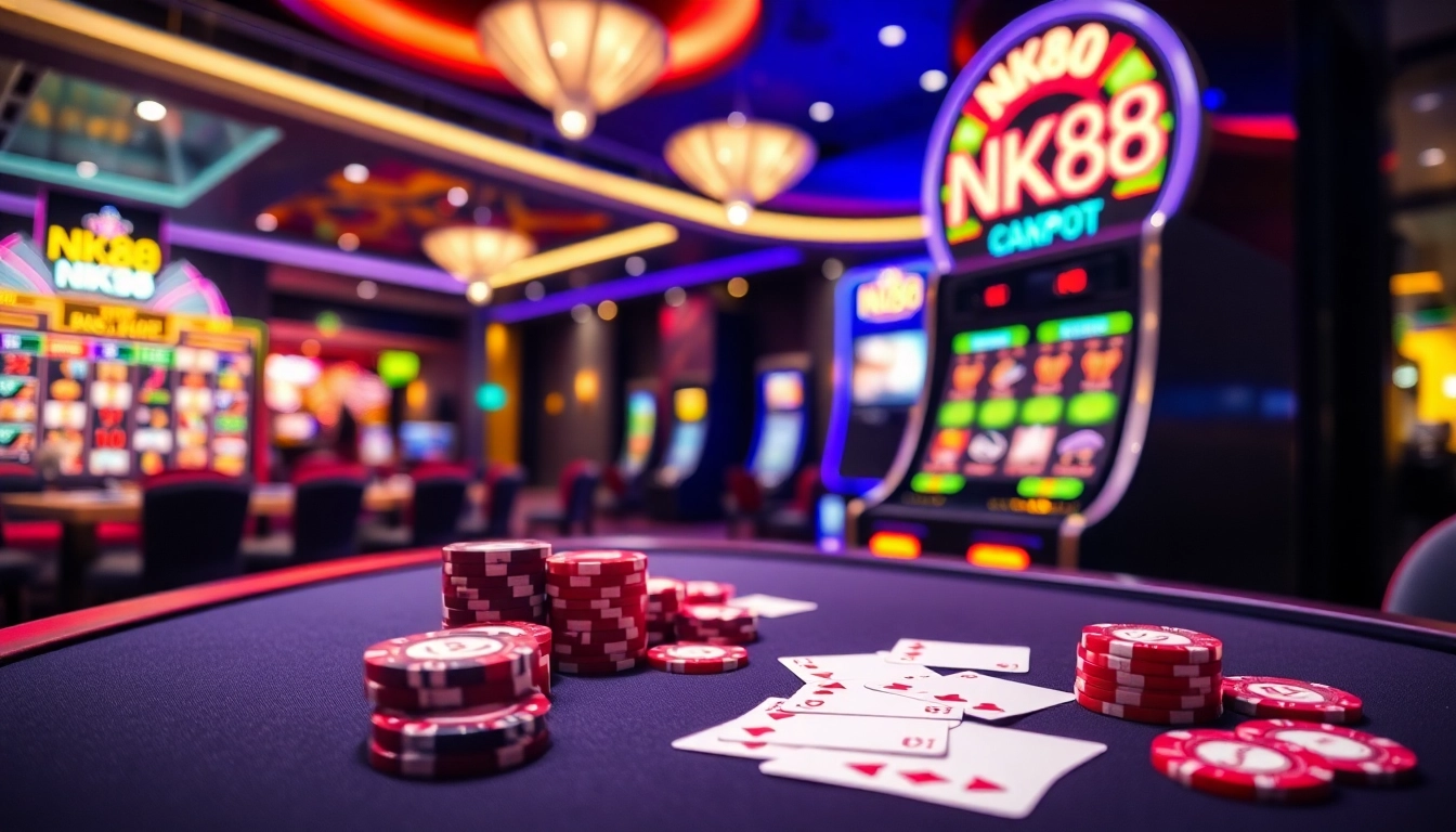 Experience an exhilarating online game session at NK88 with vibrant casino tables and lively slot machines.
