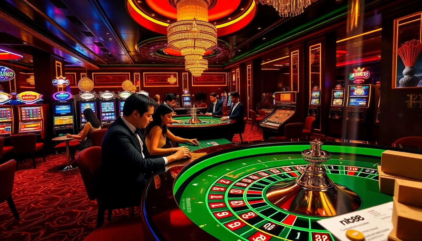 Players strategizing at the roulette table in a vibrant casino setting featuring nh88.