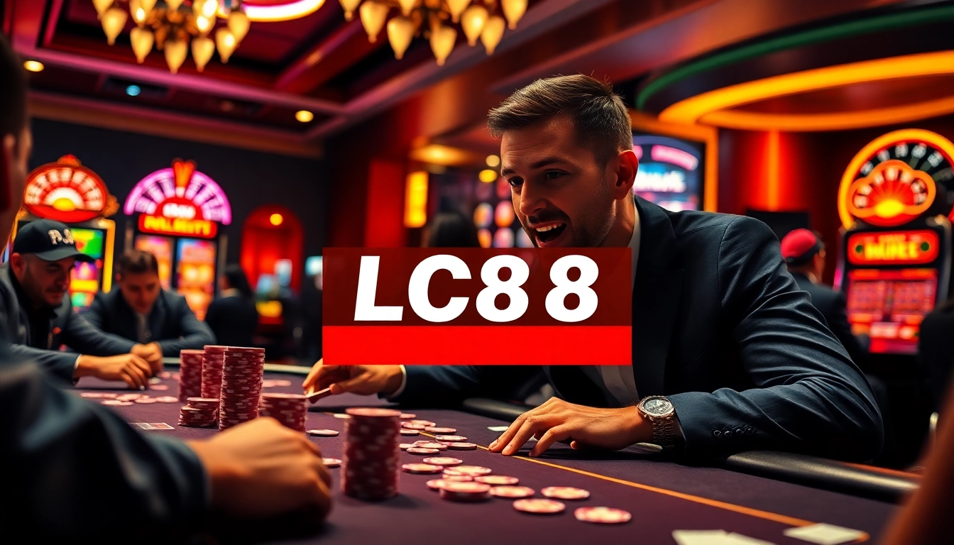 Players at a high-stakes casino table enjoying an LC88 gaming experience filled with excitement.