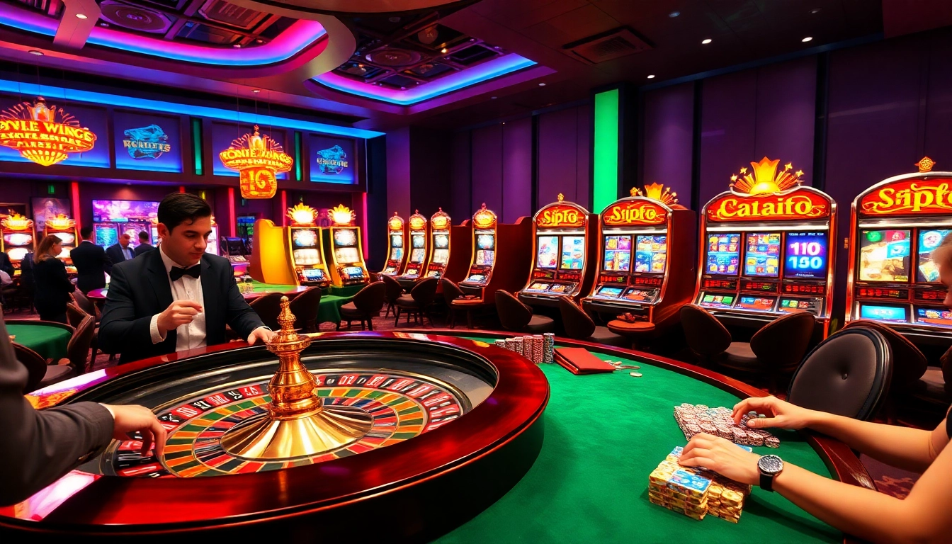 Exciting casino atmosphere with players engaging in games at https://vb88.social/ featuring roulette and slots.