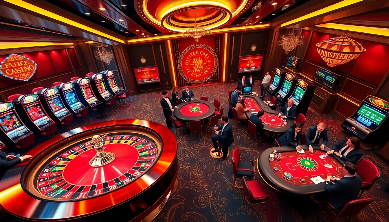 Players enjoying high-stakes gaming at ONBET88 casino with roulette and poker tables.