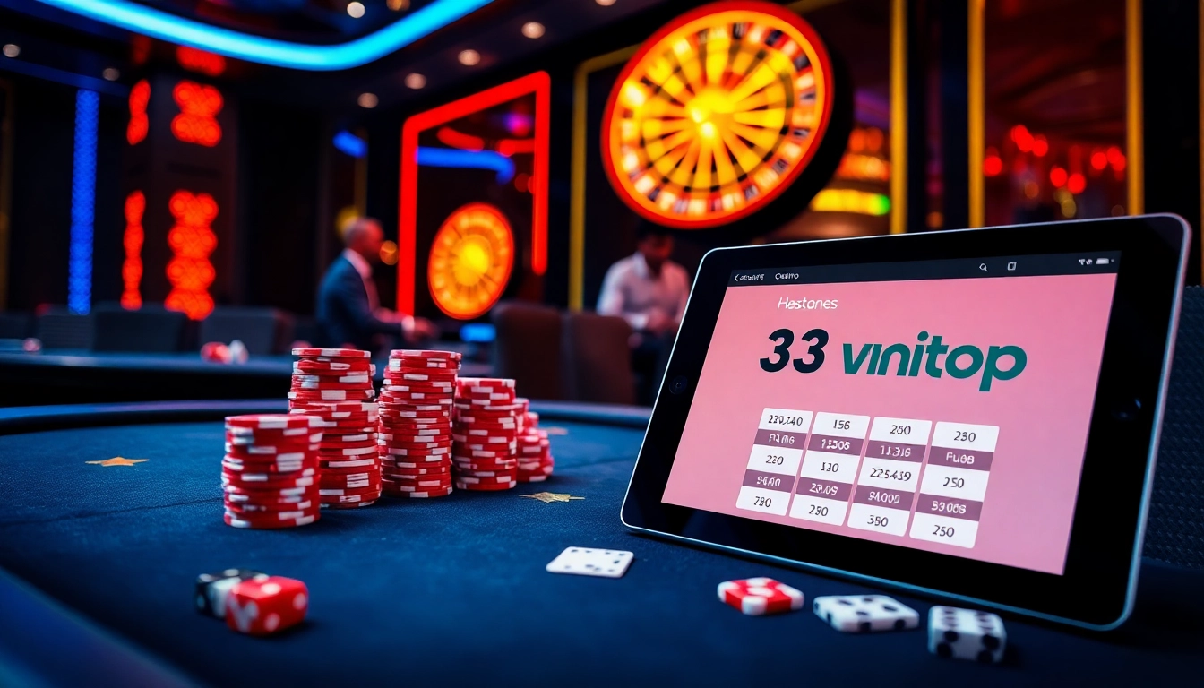 Playing casino games on https://33wintop.com/ with vibrant poker tables and spun roulette wheels.
