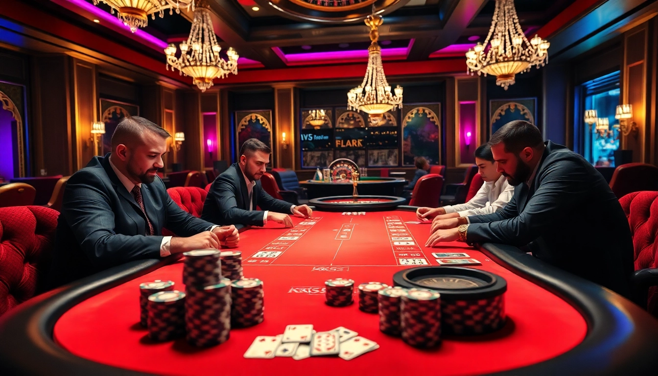Players strategizing at a poker table in a luxurious casino featuring KK55 chips and vibrant ambiance.