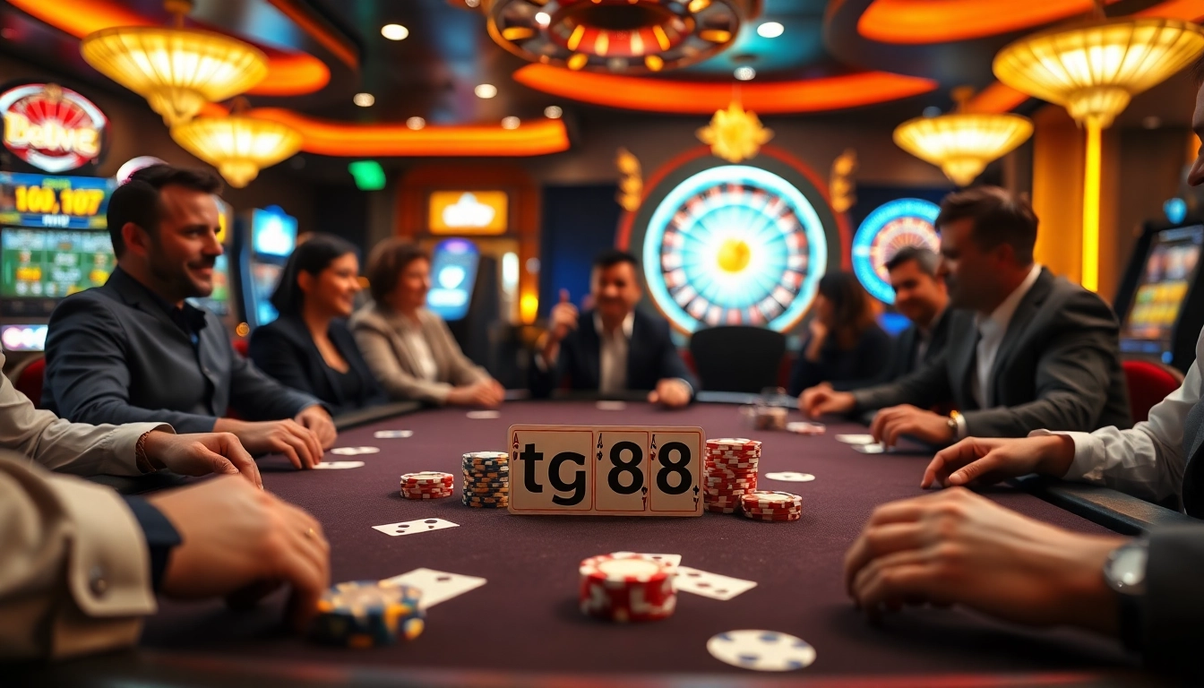 Excited players engaging at a tournament table showcasing tg88 poker chips and cards.