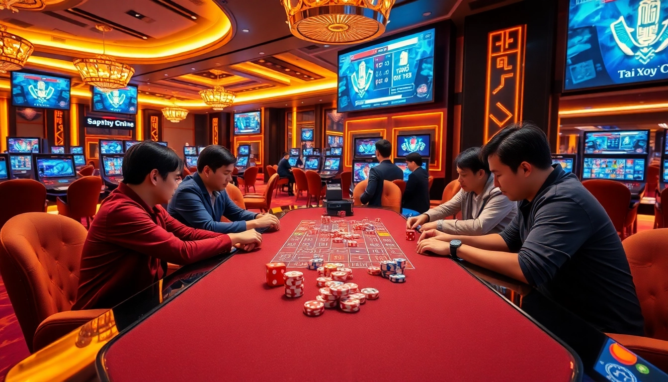 Tài Xỉu Online game in action at a dynamic casino table with colorful dice and chips.