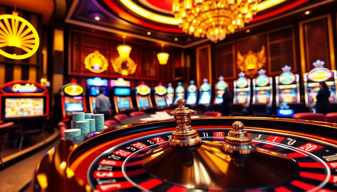 The thrill of gaming at 5z7772 com features a vibrant poker table surrounded by players and colorful slot machines.