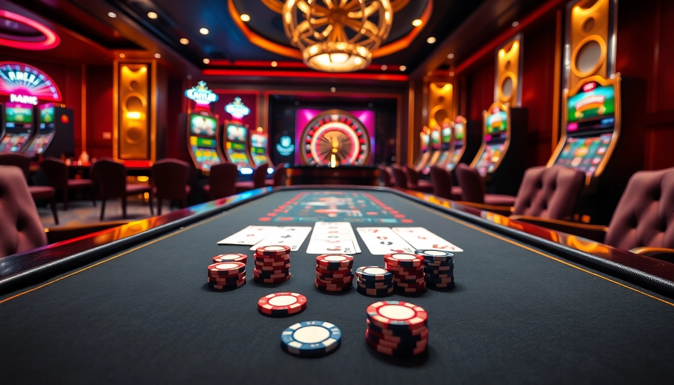Experience the thrill of 8s casino with vibrant slot machines and an elegant poker table.