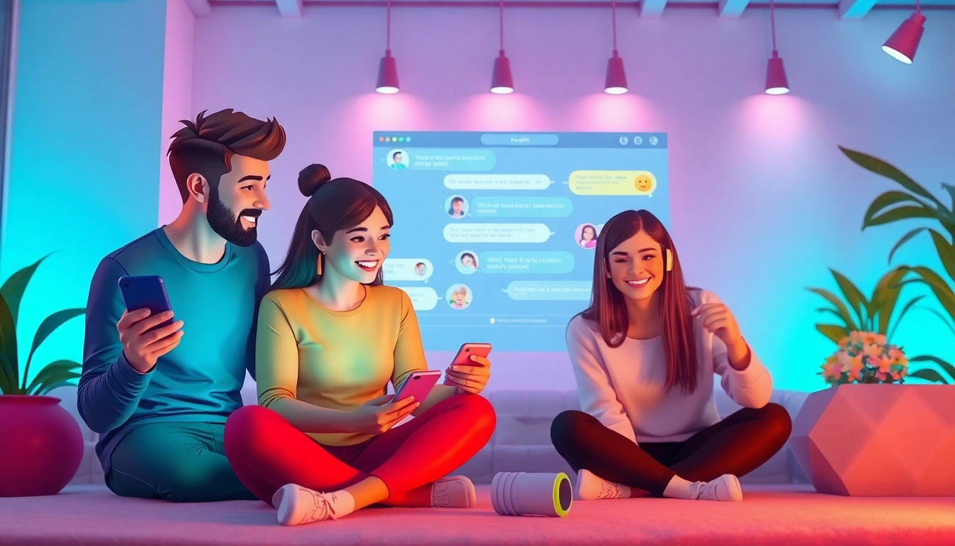 مشهد جذاب لشات فله يعرض محادثات عبر الإنترنت نابضة بالحياة بين الشباب البالغين.