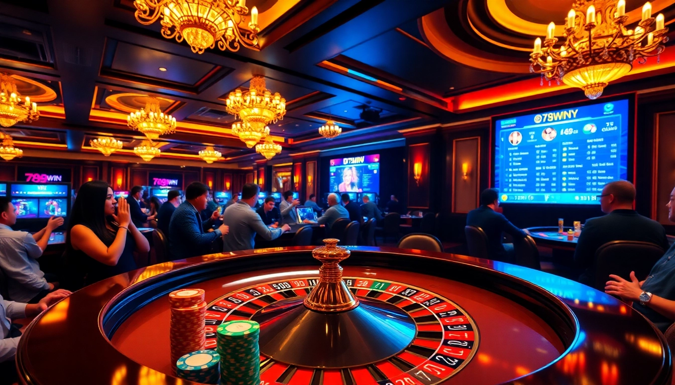 Experience the thrill of winning at 789WIN with lively casino action, poker chips, and a roulette table.