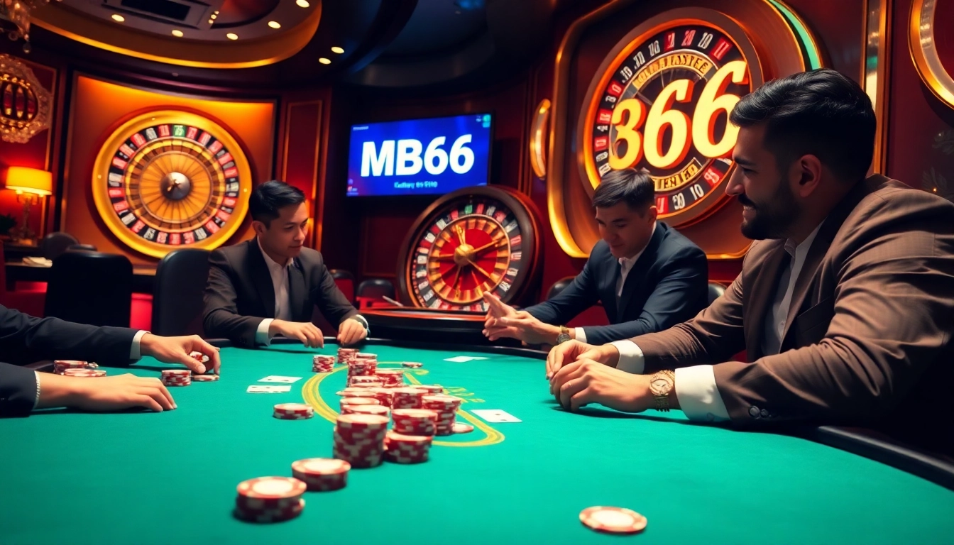 Players enjoying a high-stakes poker game at MB66 casino, highlighting excitement and strategy.