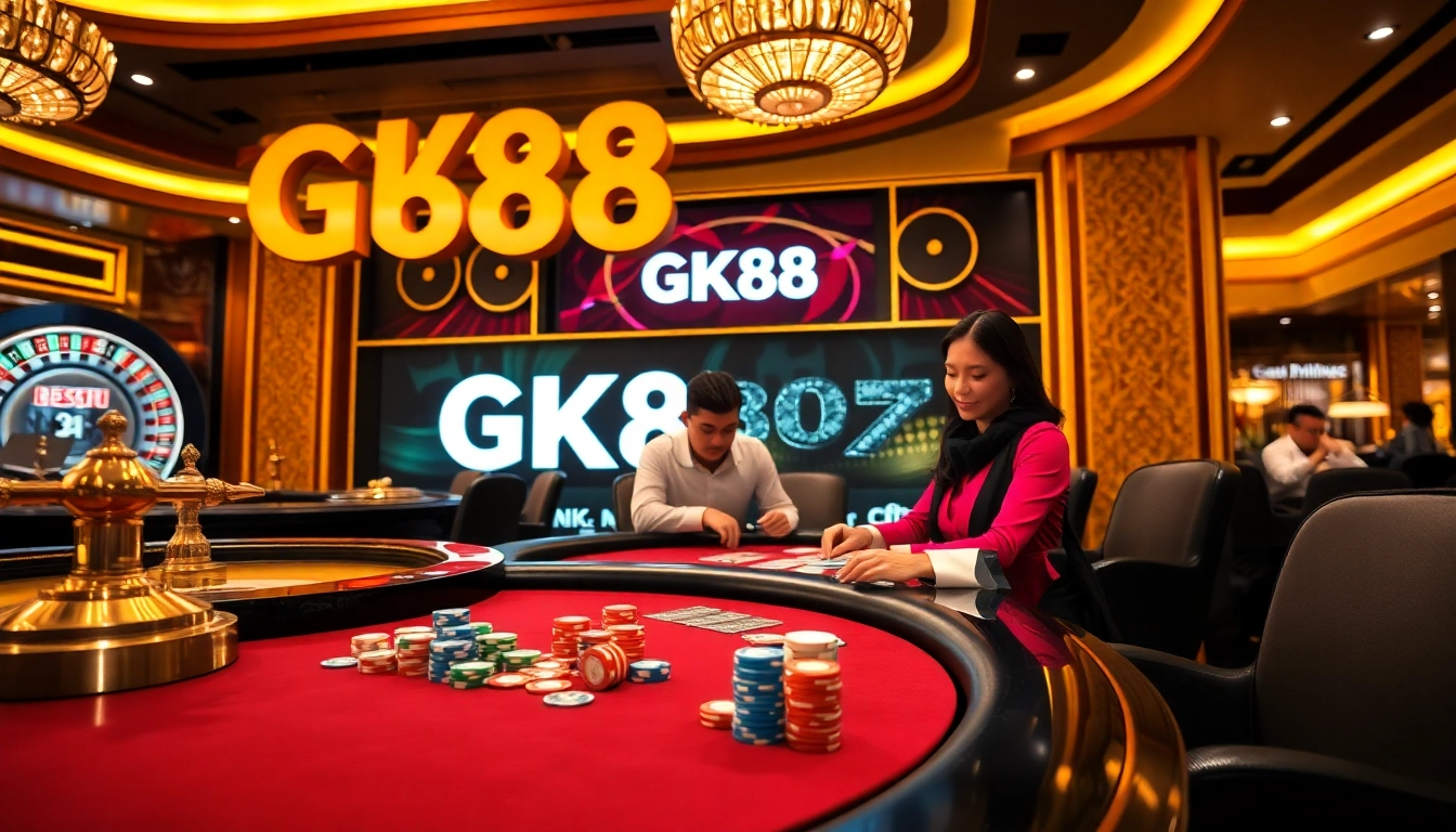 Players at a GK88 casino poker table strategizing over colorful chips and cards.
