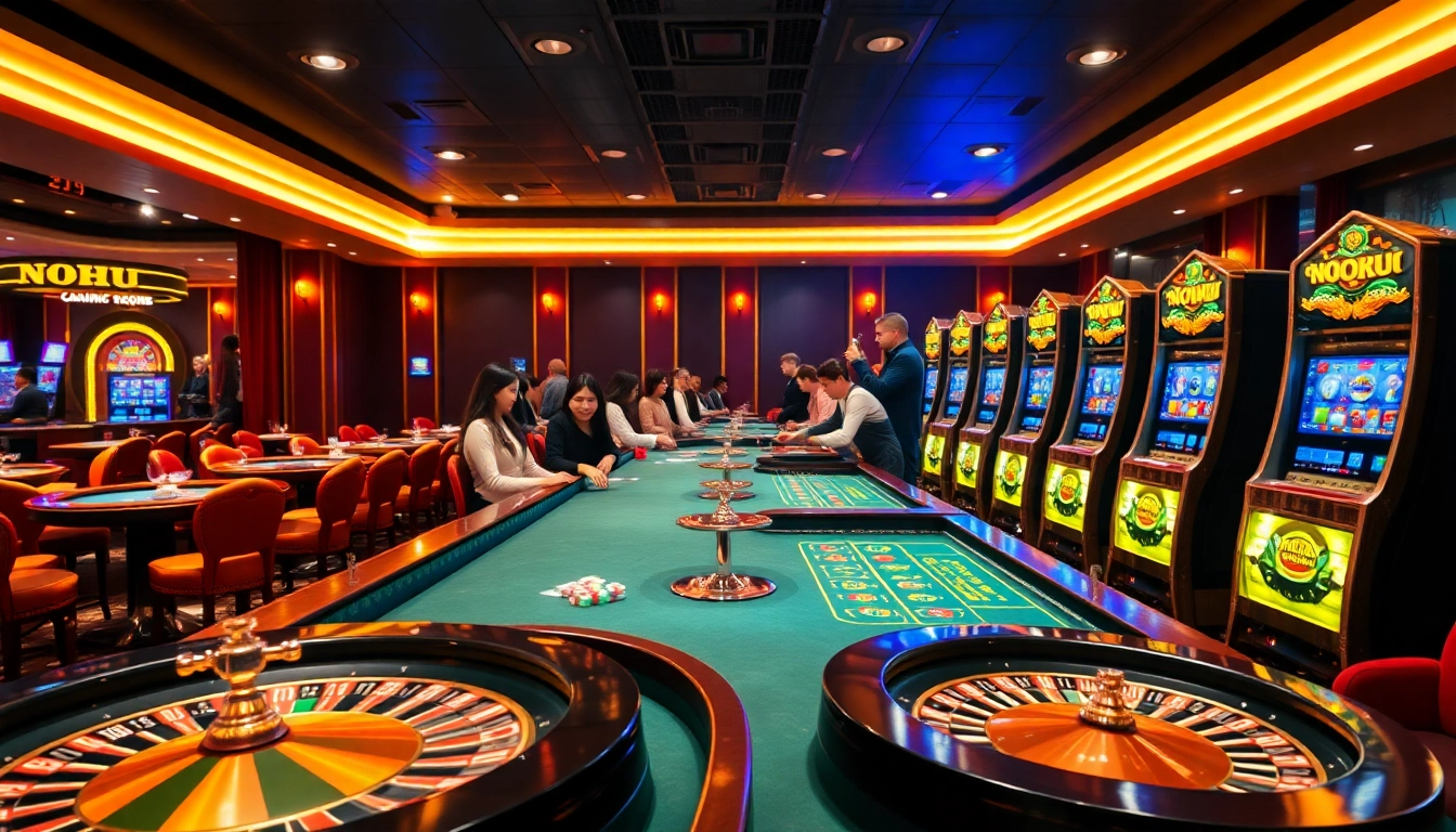 Experience thrilling gaming with NOHU at stylish casino tables and vibrant slot machines.