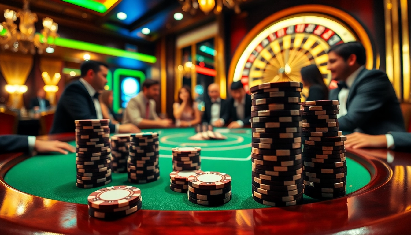 Excited gamblers enjoying a high-stakes poker game at http://abc1256.com/ with vibrant casino atmosphere.