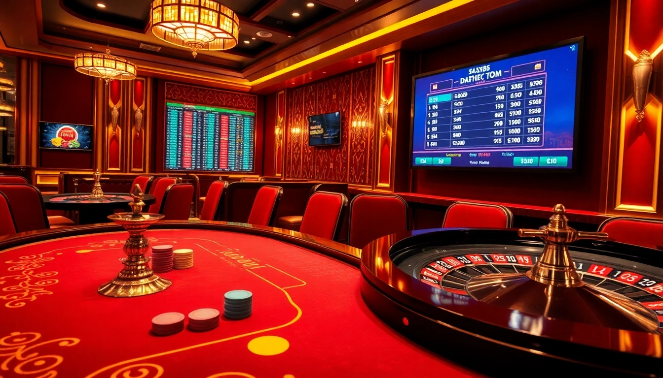 Engage with thrilling games at say88 nhà cái, featuring an upscale poker table and vibrant roulette wheel.