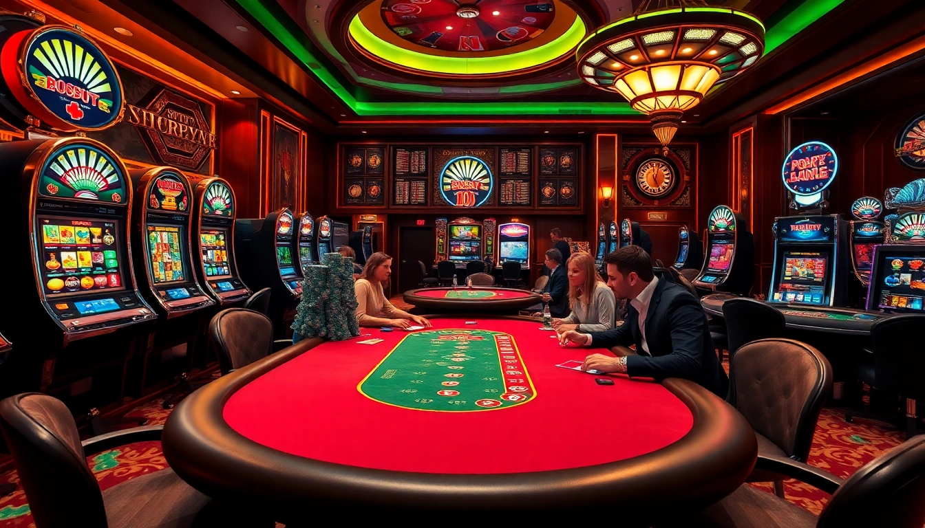 Experience the excitement of rikvip as players engage in high-stakes poker amidst vibrant casino lights.