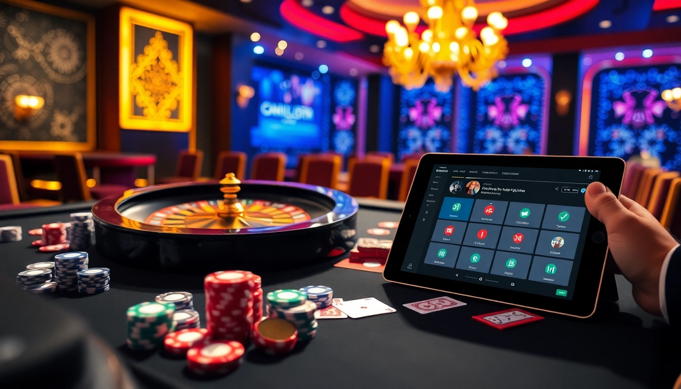 Login to thrilling online gambling as players engage at a luxurious casino table.