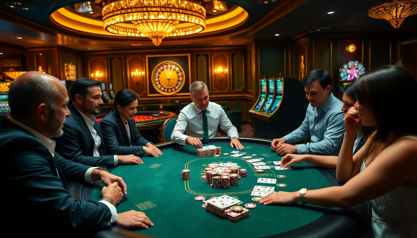Engaged players at a b52 club poker table, showcasing excitement and vibrant casino atmosphere.